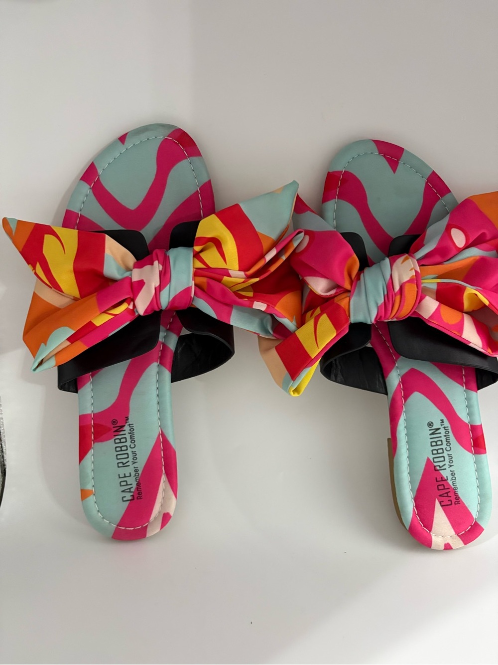 Cape Robbin Pink Aqua Patterned Bow Slide Sandals Size 8